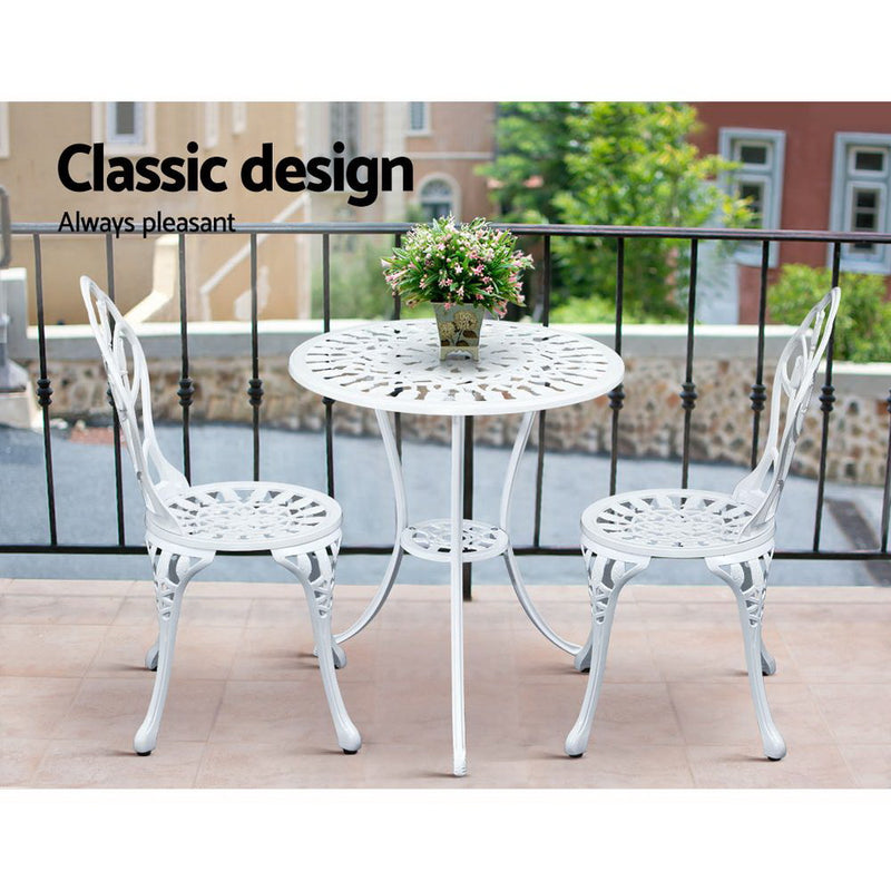 Gardeon 3PC Outdoor Setting Cast Aluminium Bistro Table Chair Patio White