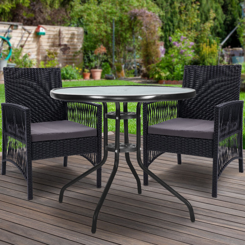 Gardeon Outdoor Furniture Dining Chairs Wicker Garden Patio Cushion Black 3PCS Tea Coffee Cafe Bar Set