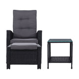 Gardeon Outdoor Setting Recliner Chair Table Set Wicker lounge Patio Furniture Black