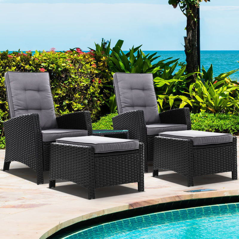 Gardeon Outdoor Patio Furniture Recliner Chairs Table Setting Wicker Lounge 5pc Black