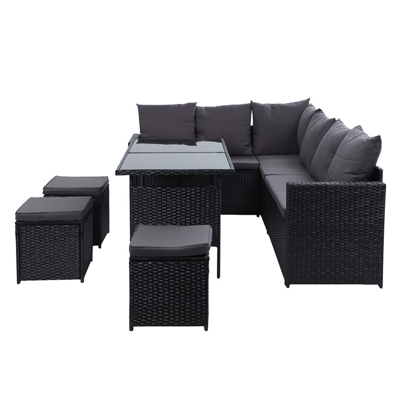 Gardeon Outdoor Furniture Dining Setting Sofa Set Lounge Wicker 9 Seater Black