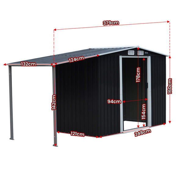 Wallaroo 4x8ft Zinc Steel Garden Shed with Open Storage - Black