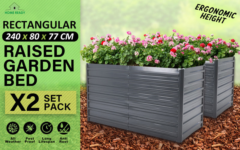 Home Ready 2 Set 240 x 80 x 77cm Grey 2-in-1 Raised Garden Bed Galvanised Steel Planter