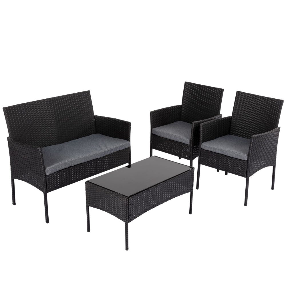 Furniture > Outdoor - 4 Seater Wicker Outdoor Lounge Set - Black - Garden Yard