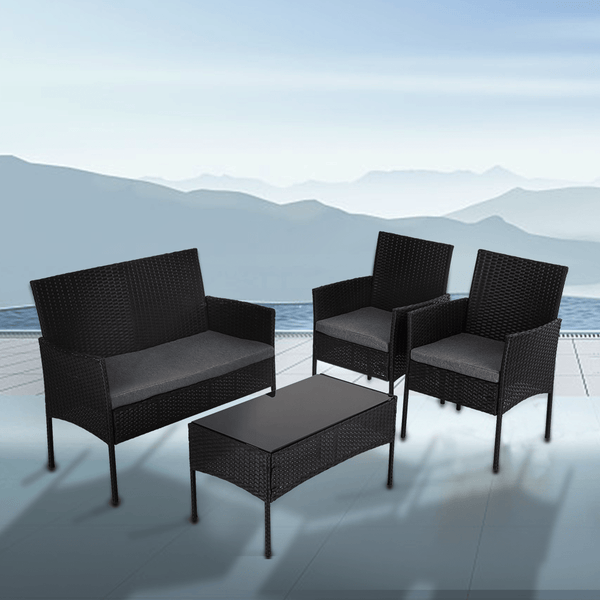 Furniture > Outdoor - 4 Seater Wicker Outdoor Lounge Set - Black - Garden Yard
