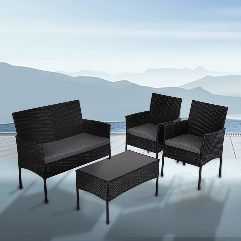 Furniture > Outdoor - 4 Seater Wicker Outdoor Lounge Set - Black - Garden Yard