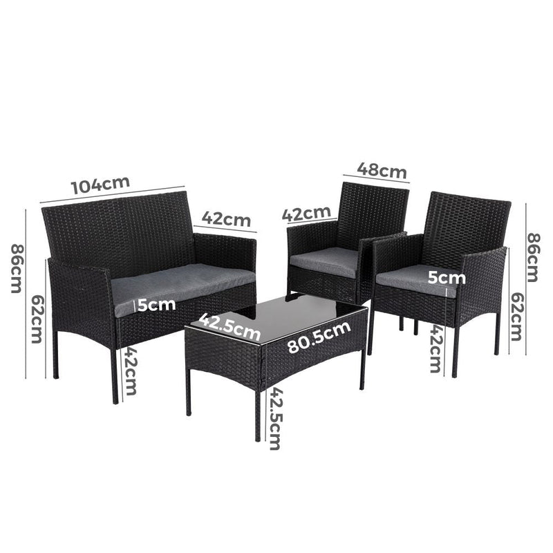 Furniture > Outdoor - 4 Seater Wicker Outdoor Lounge Set - Black - Garden Yard
