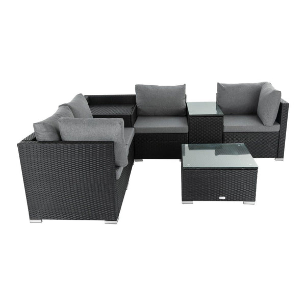 Furniture > Outdoor - 7PC Outdoor Wicker Loveseat Setting with Storage Corner (Black) - Garden Yard