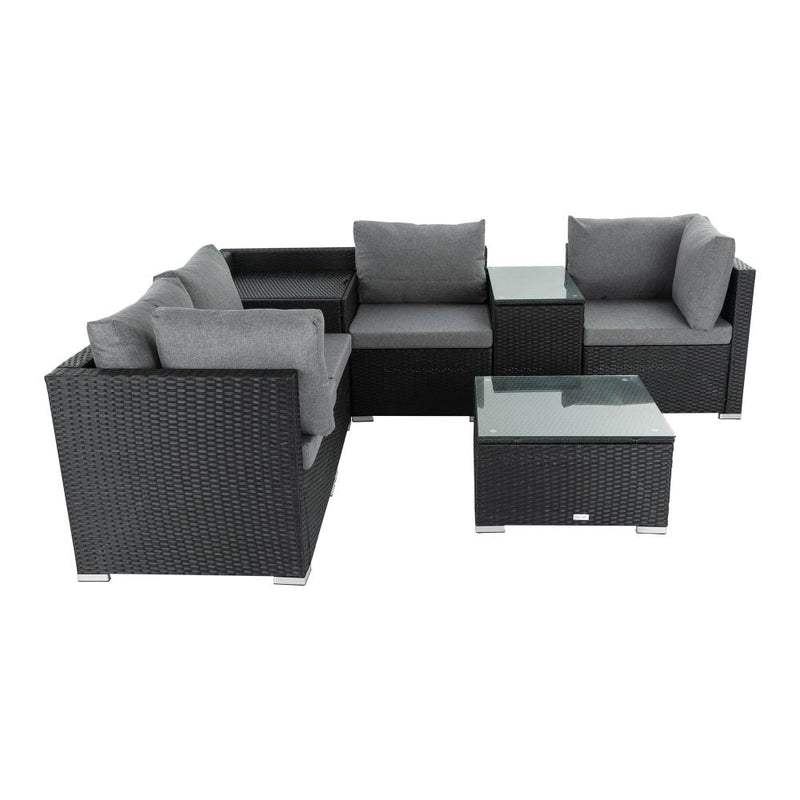 Furniture > Outdoor - 7PC Outdoor Wicker Loveseat Setting with Storage Corner (Black) - Garden Yard