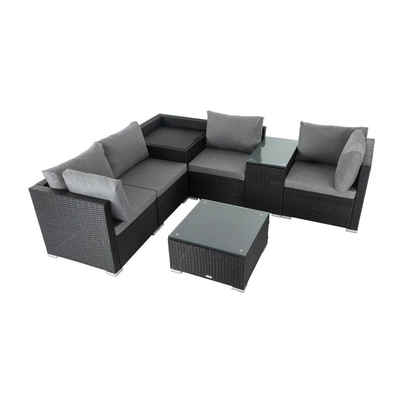 Furniture > Outdoor - 7PC Outdoor Wicker Loveseat Setting with Storage Corner (Black) - Garden Yard