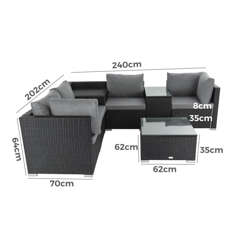Furniture > Outdoor - 7PC Outdoor Wicker Loveseat Setting with Storage Corner (Black) - Garden Yard