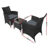 Furniture > Outdoor - Gardeon 3pc Bistro Wicker Outdoor Furniture Set Black - Garden Yard