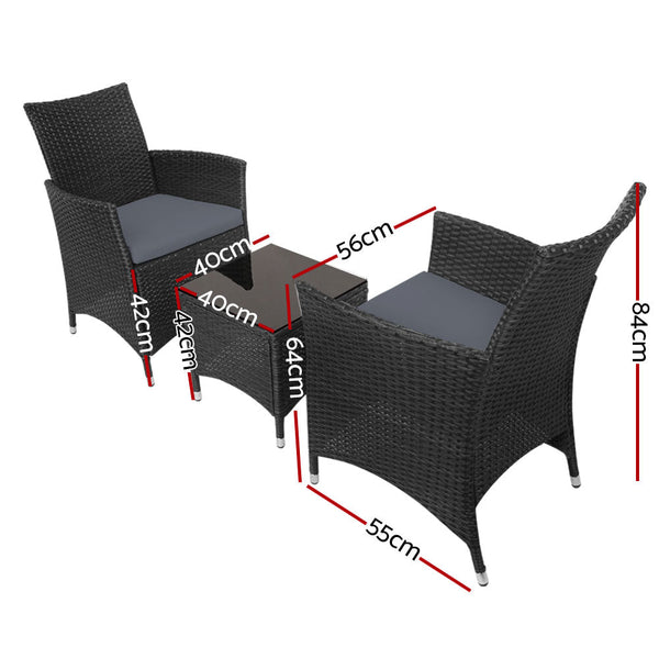 Furniture > Outdoor - Gardeon 3pc Bistro Wicker Outdoor Furniture Set Black - Garden Yard