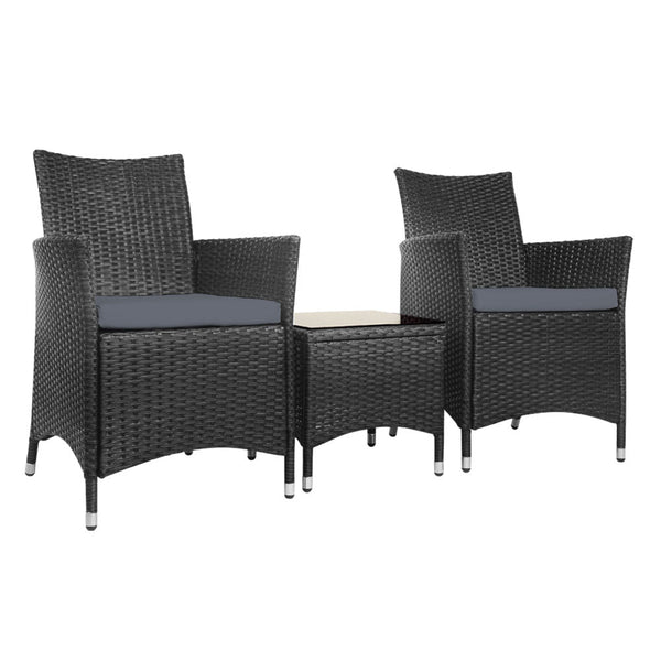 Furniture > Outdoor - Gardeon 3pc Bistro Wicker Outdoor Furniture Set Black - Garden Yard