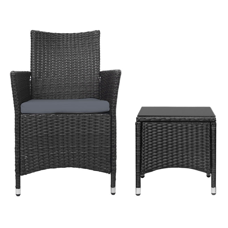 Furniture > Outdoor - Gardeon 3pc Bistro Wicker Outdoor Furniture Set Black - Garden Yard