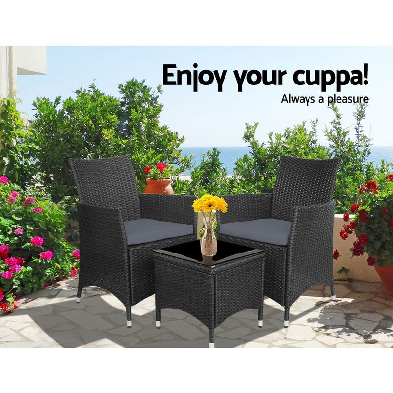 Furniture > Outdoor - Gardeon 3pc Bistro Wicker Outdoor Furniture Set Black - Garden Yard