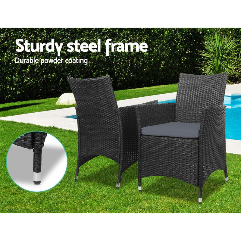 Furniture > Outdoor - Gardeon 3pc Bistro Wicker Outdoor Furniture Set Black - Garden Yard