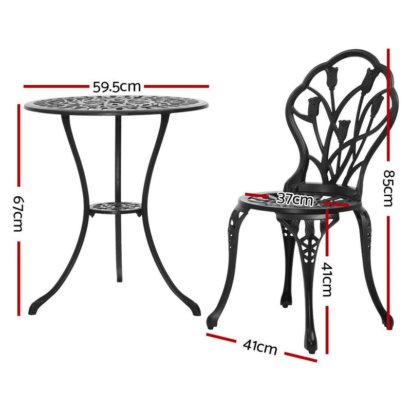 Furniture > Outdoor - Gardeon 3PC Outdoor Setting Cast Aluminium Bistro Table Chair Patio Black - Garden Yard