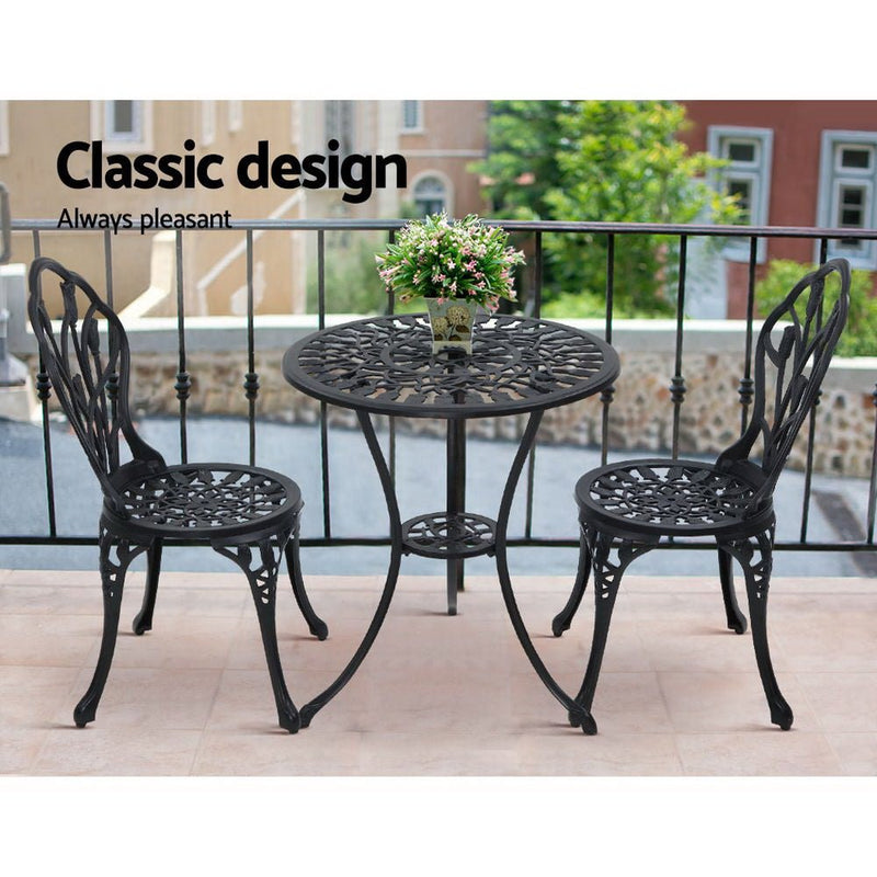 Furniture > Outdoor - Gardeon 3PC Outdoor Setting Cast Aluminium Bistro Table Chair Patio Black - Garden Yard