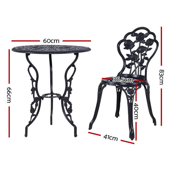 Furniture > Outdoor - Gardeon 3PC Outdoor Setting Cast Aluminium Bistro Table Chair Patio Black - Garden Yard