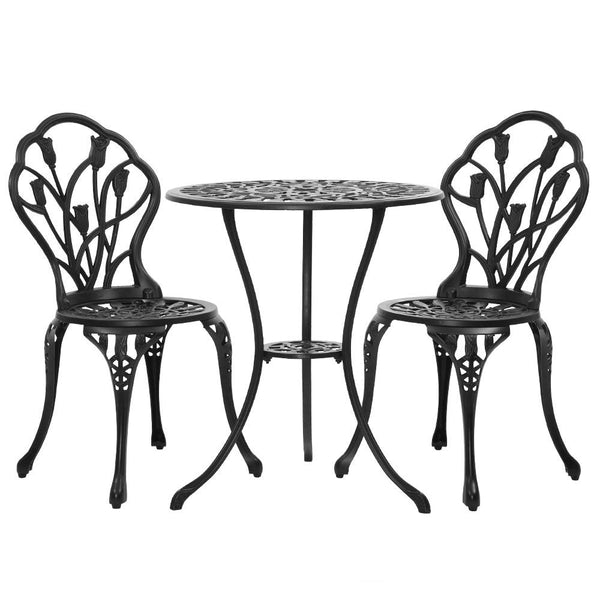 Furniture > Outdoor - Gardeon 3PC Outdoor Setting Cast Aluminium Bistro Table Chair Patio Black - Garden Yard