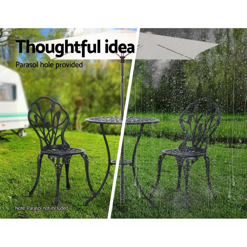 Furniture > Outdoor - Gardeon 3PC Outdoor Setting Cast Aluminium Bistro Table Chair Patio Black - Garden Yard