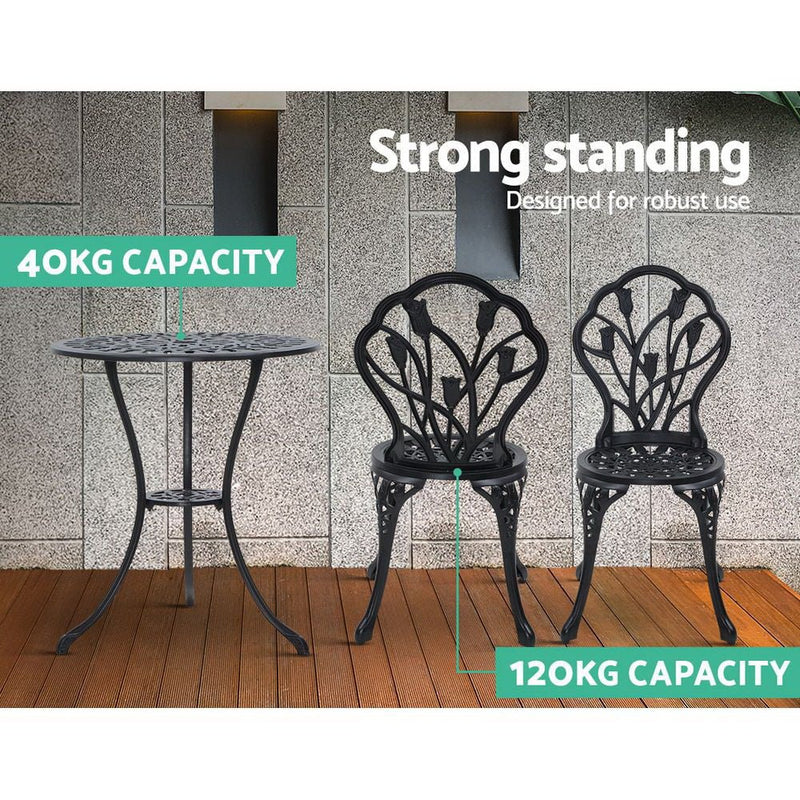 Furniture > Outdoor - Gardeon 3PC Outdoor Setting Cast Aluminium Bistro Table Chair Patio Black - Garden Yard