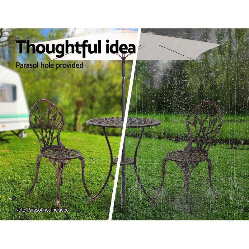 Furniture > Outdoor - Gardeon 3PC Outdoor Setting Cast Aluminium Bistro Table Chair Patio Bronze - Garden Yard