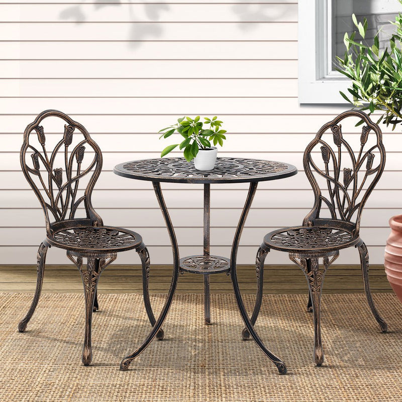 Furniture > Outdoor - Gardeon 3PC Outdoor Setting Cast Aluminium Bistro Table Chair Patio Bronze - Garden Yard