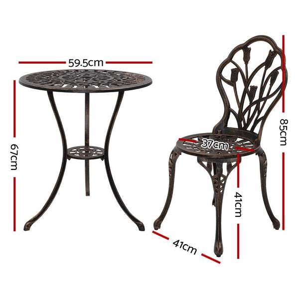 Furniture > Outdoor - Gardeon 3PC Outdoor Setting Cast Aluminium Bistro Table Chair Patio Bronze - Garden Yard