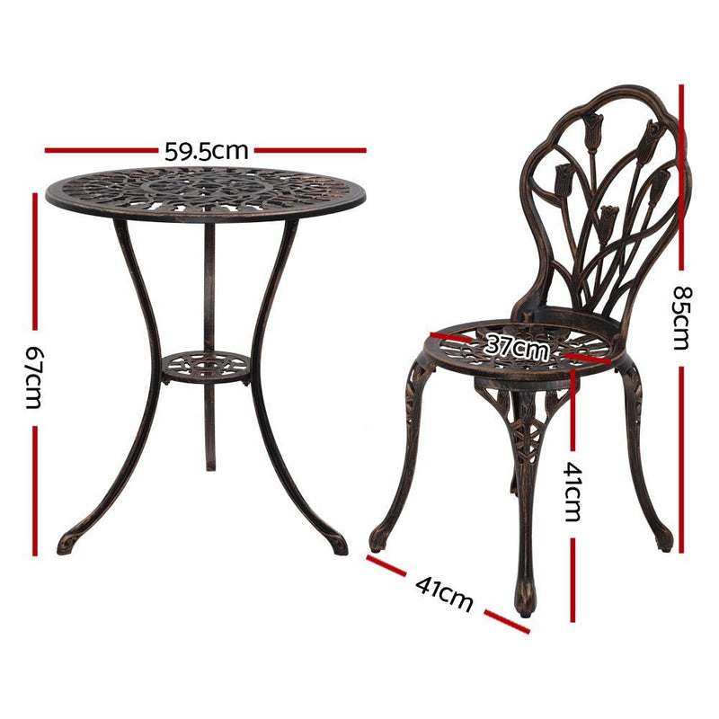 Furniture > Outdoor - Gardeon 3PC Outdoor Setting Cast Aluminium Bistro Table Chair Patio Bronze - Garden Yard