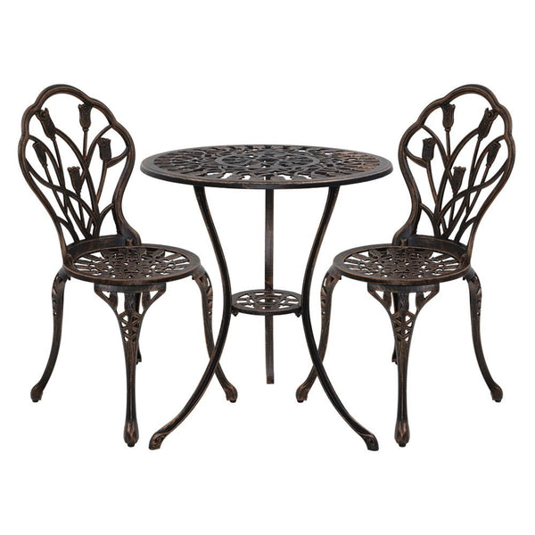 Furniture > Outdoor - Gardeon 3PC Outdoor Setting Cast Aluminium Bistro Table Chair Patio Bronze - Garden Yard