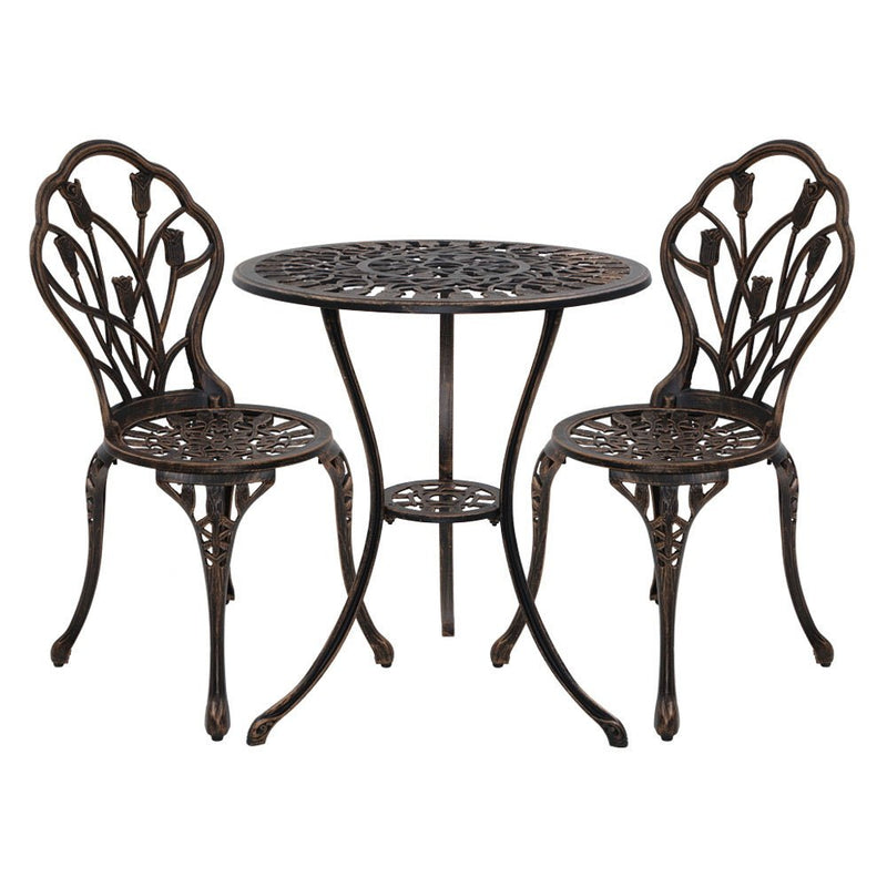 Furniture > Outdoor - Gardeon 3PC Outdoor Setting Cast Aluminium Bistro Table Chair Patio Bronze - Garden Yard