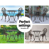 Furniture > Outdoor - Gardeon 3PC Outdoor Setting Cast Aluminium Bistro Table Chair Patio Bronze - Garden Yard