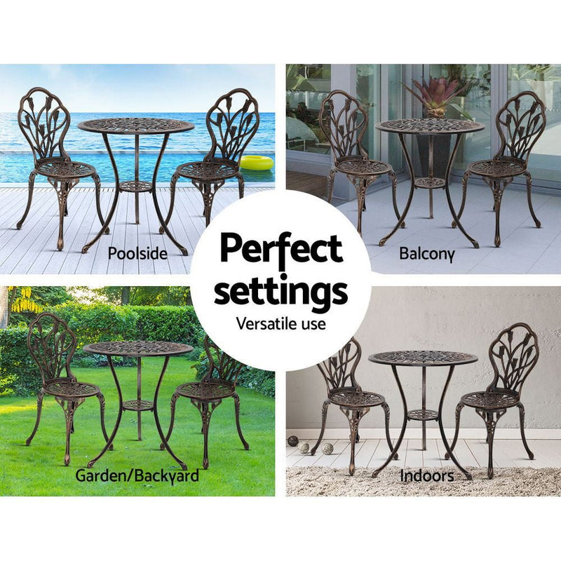 Furniture > Outdoor - Gardeon 3PC Outdoor Setting Cast Aluminium Bistro Table Chair Patio Bronze - Garden Yard