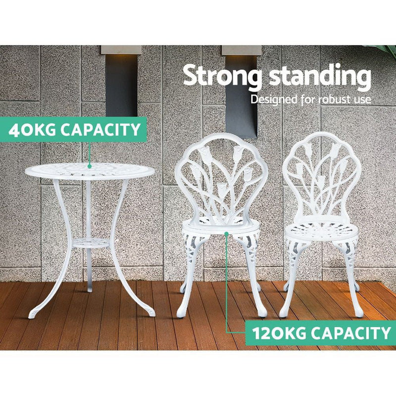 Furniture > Outdoor - Gardeon 3PC Outdoor Setting Cast Aluminium Bistro Table Chair Patio White - Garden Yard