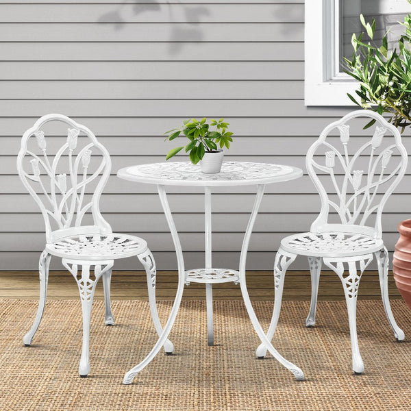 Furniture > Outdoor - Gardeon 3PC Outdoor Setting Cast Aluminium Bistro Table Chair Patio White - Garden Yard