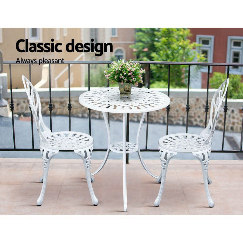 Furniture > Outdoor - Gardeon 3PC Outdoor Setting Cast Aluminium Bistro Table Chair Patio White - Garden Yard