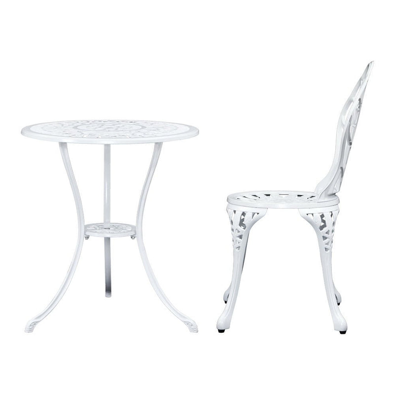 Furniture > Outdoor - Gardeon 3PC Outdoor Setting Cast Aluminium Bistro Table Chair Patio White - Garden Yard