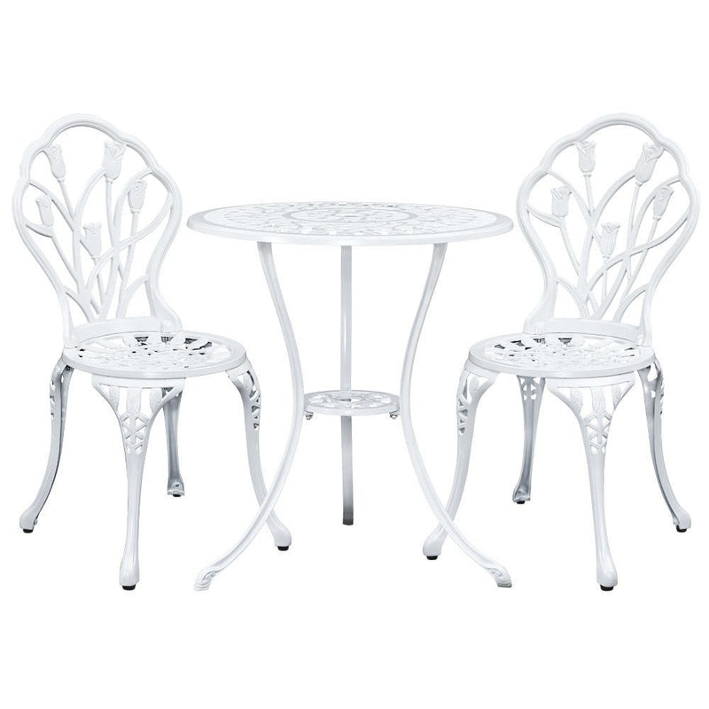 Furniture > Outdoor - Gardeon 3PC Outdoor Setting Cast Aluminium Bistro Table Chair Patio White - Garden Yard