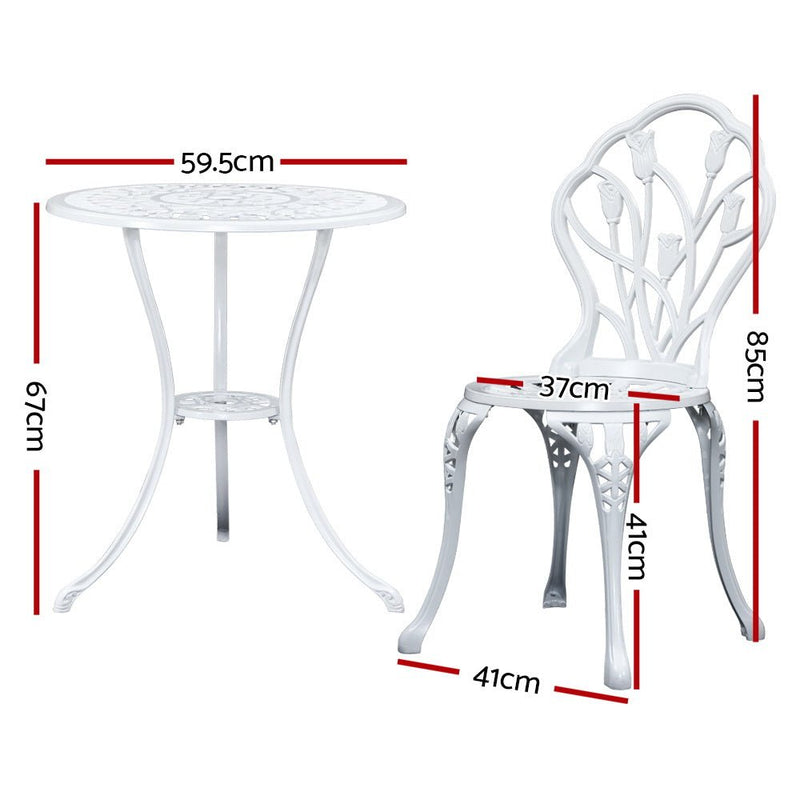 Furniture > Outdoor - Gardeon 3PC Outdoor Setting Cast Aluminium Bistro Table Chair Patio White - Garden Yard