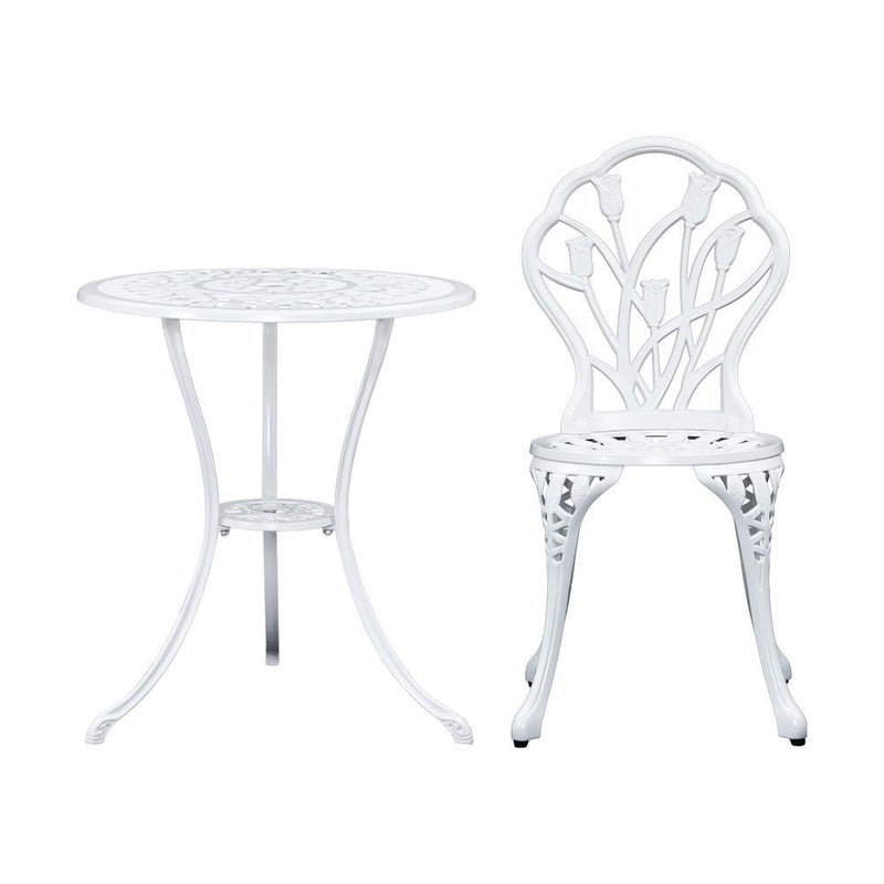 Furniture > Outdoor - Gardeon 3PC Outdoor Setting Cast Aluminium Bistro Table Chair Patio White - Garden Yard