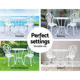 Furniture > Outdoor - Gardeon 3PC Outdoor Setting Cast Aluminium Bistro Table Chair Patio White - Garden Yard