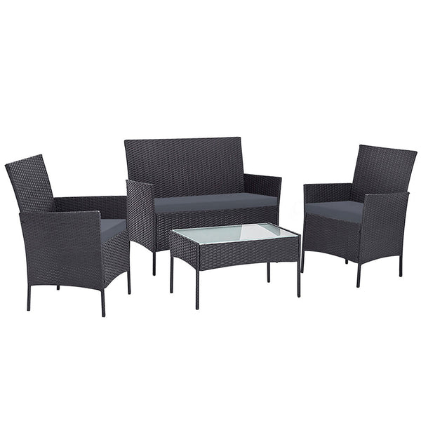 Furniture > Outdoor - Gardeon 4 - piece Outdoor Lounge Setting Wicker Patio Furniture Dining Set Grey - Garden Yard