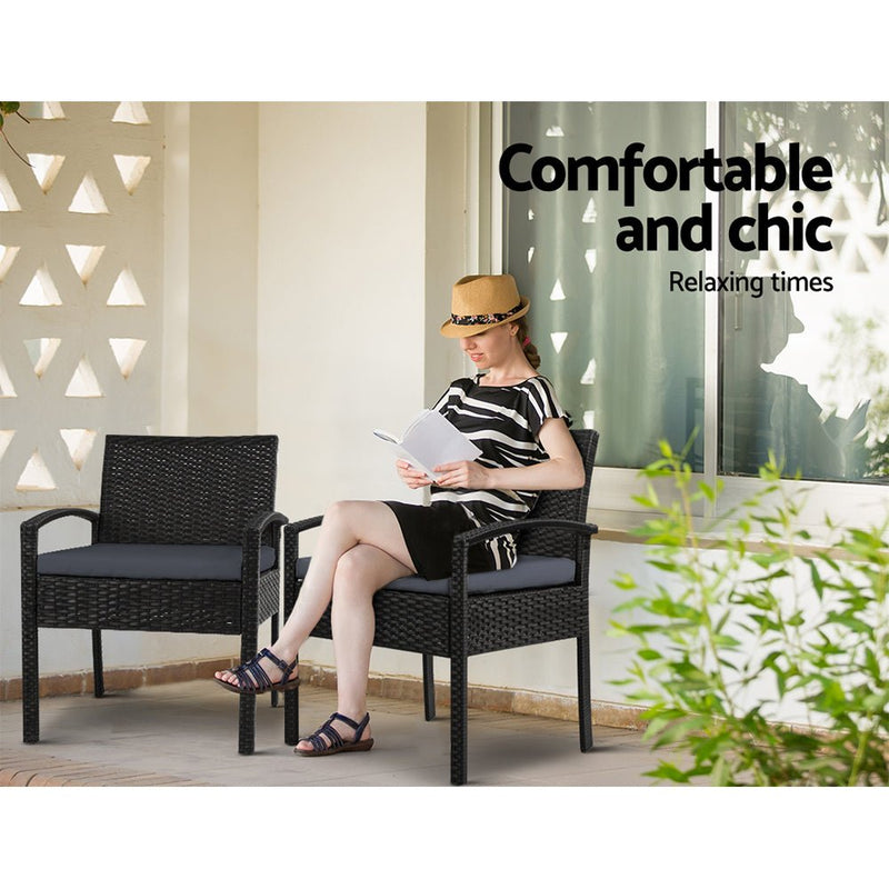 Furniture > Outdoor - Gardeon Outdoor Furniture Dining Chairs Wicker Garden Patio Cushion Black 3PCS Sofa Set Tea Coffee Cafe Bar Set - Garden Yard