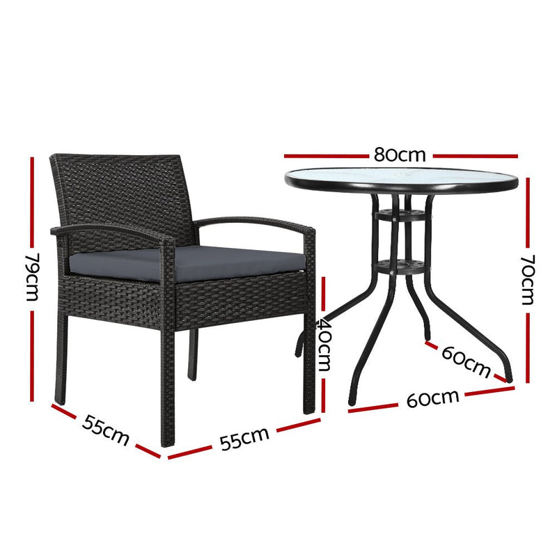 Furniture > Outdoor - Gardeon Outdoor Furniture Dining Chairs Wicker Garden Patio Cushion Black 3PCS Sofa Set Tea Coffee Cafe Bar Set - Garden Yard