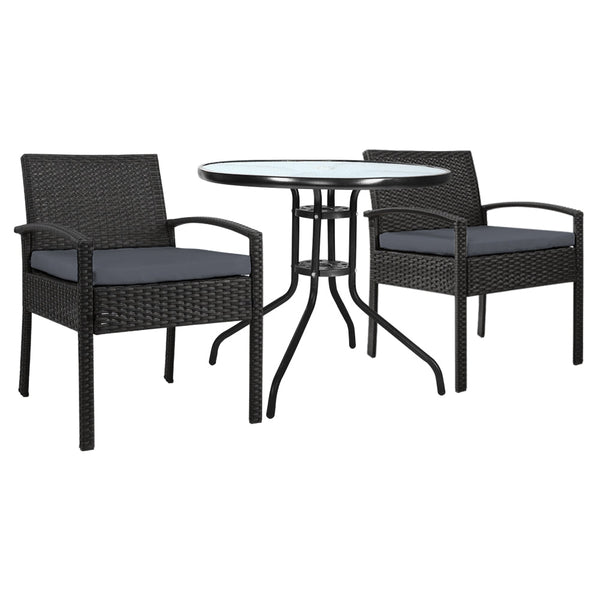 Furniture > Outdoor - Gardeon Outdoor Furniture Dining Chairs Wicker Garden Patio Cushion Black 3PCS Sofa Set Tea Coffee Cafe Bar Set - Garden Yard