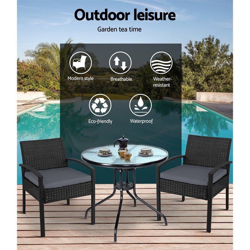 Furniture > Outdoor - Gardeon Outdoor Furniture Dining Chairs Wicker Garden Patio Cushion Black 3PCS Sofa Set Tea Coffee Cafe Bar Set - Garden Yard