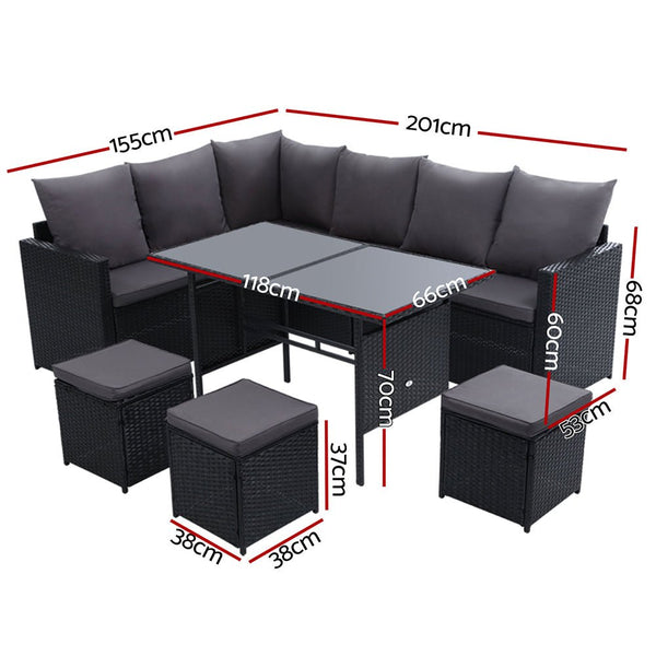 Furniture > Outdoor - Gardeon Outdoor Furniture Dining Setting Sofa Set Lounge Wicker 9 Seater Black - Garden Yard