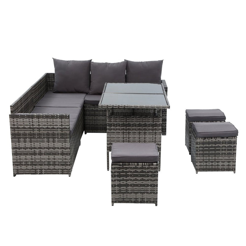 Furniture > Outdoor - Gardeon Outdoor Furniture Dining Setting Sofa Set Lounge Wicker 9 Seater Mixed Grey - Garden Yard